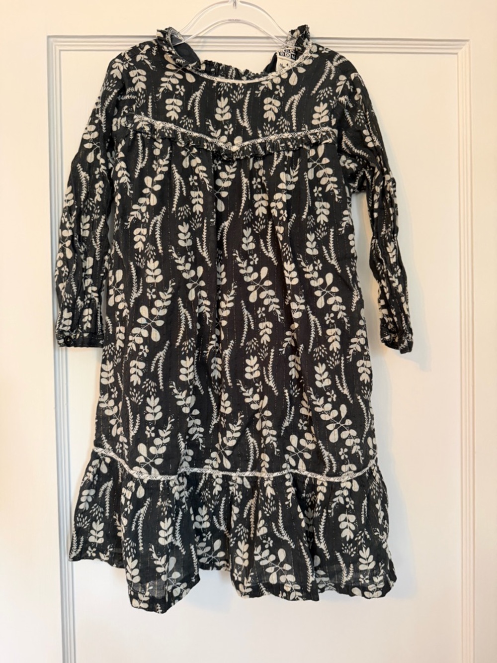 Bonton Black and White Floral Long-Sleeve Girls Dress